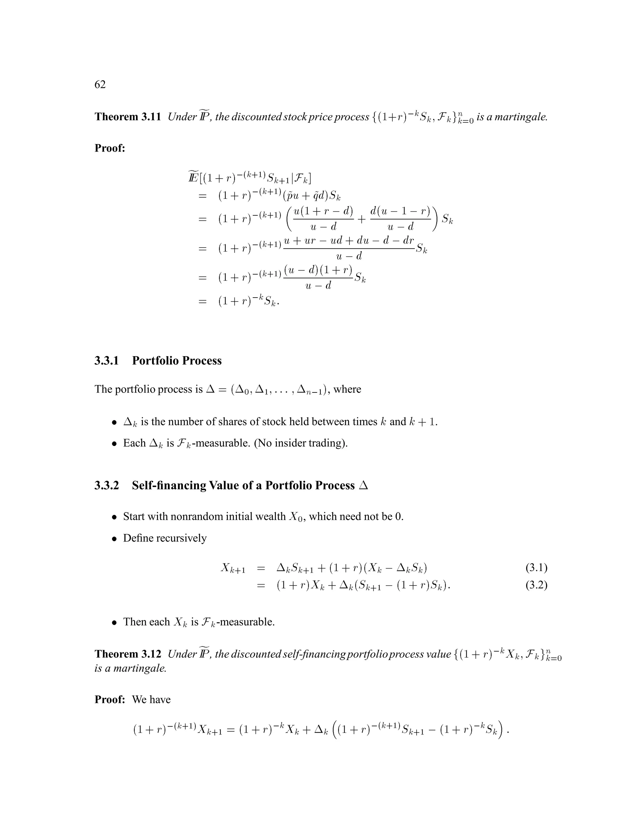 40
Step 4. In the last step, we consider an integrable function f, which can take both positive and
negative values. By integrable, we mean that
Z
IR
f+ dIP 1;
Z
IR
f, dIP 1:
¿From Step 3, we have
Z
IR
f+ dIP =
Z
IR
f+'d0;
Z
IR
f, dIP =
Z
IR
f,'d0:
Subtracting these two equations, we obtain the desired result:
Z
IR
f dIP =
Z
IR
f+ dIP ,
Z
IR
f, dIP
=
Z
IR
f+'d0 ,
Z
IR
f,'d0
=
Z
R
f'd0:
1.5 Independence
In this section, we deﬁne and discuss the notion of independence in a general probability space
 ;F;IP, although most of the examples we give will be for coin toss space.
1.5.1 Independence of sets
Deﬁnition 1.15 We say that two sets A 2 F and B 2 F are independent if
IPA B = IPAIPB:
Suppose a random experiment is conducted, and ! is the outcome. The probability that ! 2 A is
IPA. Suppose you are not told !, but you are told that ! 2 B. Conditional on this information,
the probability that ! 2 A is
IPAjB = IPA B
IPB :
The sets A and B are independent if and only if this conditional probability is the uncondidtional
probability IPA, i.e., knowing that ! 2 B does not change the probability you assign to A. This
discussion is symmetric with respect to A and B; if A and B are independent and you know that
! 2 A, the conditional probability you assign to B is still the unconditional probability IPB.
Whether two sets are independent depends on the probability measure IP. For example, suppose we
toss a coin twice, with probability p for H and probability q = 1 , p for T on each toss. To avoid
trivialities, we assume that 0 p 1. Then
IPfHHg = p2; IPfHTg = IPfTHg = pq; IPfTTg = q2: (5.1)
 