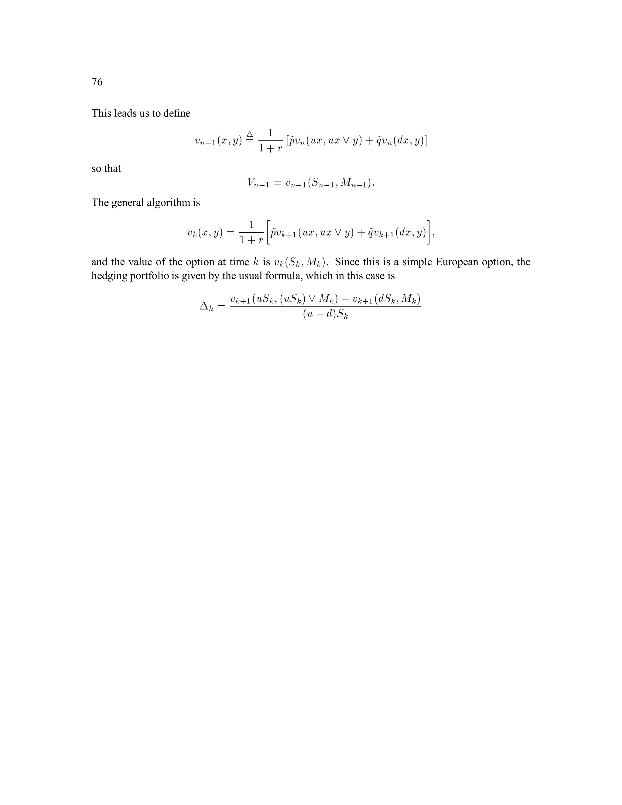 46
To show this equality, we observe ﬁrst that IEX is H-measurable, since it is not random. We must
also check the partial averaging property
Z
A
IEX dIP =
Z
A
X dIP for every A 2 H:
If X is an indicator of some set B, which by assumption must be independent of H, then the partial
averaging equation we must check is
Z
A
IPBdIP =
Z
A
lIB dIP:
The left-hand side of this equation is IPAIPB, and the right hand side is
Z
lIAlIB dIP =
Z
lIA B dIP = IPA B:
The partial averaging equation holds because A and B are independent. The partial averaging
equation for general X independent of H follows by the standard machine.
1.5.6 Law of Large Numbers
There are two fundamental theorems about sequences of independent random variables. Here is the
ﬁrst one.
Theorem 5.9 (Law of Large Numbers) Let X1;X2;::: be a sequence of independent, identically
distributed random variables, each with expected value  and variance 2. Deﬁne the sequence of
averages
Yn
= X1 + X2 + + Xn
n ; n = 1;2;::::
Then Yn converges to  almost surely as n ! 1.
We are not going to give the proof of this theorem, but here is an argument which makes it plausible.
We will use this argument later when developing stochastic calculus. The argument proceeds in two
steps. We ﬁrst check that IEYn =  for every n. We next check that VarYn ! 0 as n ! 0. In
other words, the random variables Yn are increasingly tightly distributed around  as n ! 1.
For the ﬁrst step, we simply compute
IEYn = 1
n IEX1 + IEX2 + + IEXn = 1
n + + + | z
n times
= :
For the second step, we ﬁrst recall from (5.3) that the variance of the sum of independent random
variables is the sum of their variances. Therefore,
VarYn =
nX
k=1
Var
 
