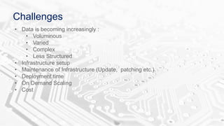 Challenges
• Data is becoming increasingly :
• Voluminous
• Varied
• Complex
• Less Structured
• Infrastructure setup
• Maintenance of Infrastructure (Update, patching etc.)
• Deployment time
• On Demand Scaling
• Cost
 