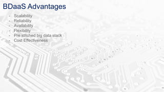 BDaaS Advantages
- Scalability
- Reliability
- Availability
- Flexibility
- Pre stitched big data stack
- Cost Effectiveness
 