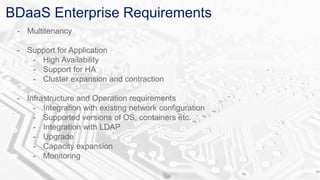 BDaaS Enterprise Requirements
- Multitenancy
- Support for Application
- High Availability
- Support for HA
- Cluster expa...