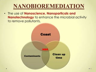 NANOBIOREMEDIATION
• The use of Nanoscience, Nanoparticals and
  Nanotechnology to enhance the microbial activity
  to remove pollutants.



                           Coast



                           NBR

                                   Clean up
            Contaminants
                                     time


                                                     11
 