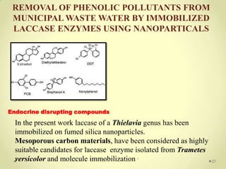 REMOVAL OF PHENOLIC POLLUTANTS FROM
 MUNICIPAL WASTE WATER BY IMMOBILIZED
 LACCASE ENZYMES USING NANOPARTICALS




Endocrine disrupting compounds

  In the present work laccase of a Thielavia genus has been
  immobilized on fumed silica nanoparticles.
  Mesoporous carbon materials, have been considered as highly
  suitable candidates for laccase enzyme isolated from Trametes
  versicolor and molecule immobilization .                        21
 
