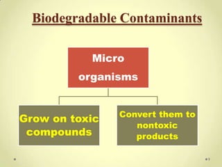 Biodegradable Contaminants

           Micro
         organisms


                Convert them to
Grow on toxic
                   nontoxic
 compounds         products

                                  9
 
