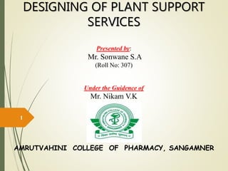 DESIGNING OF PLANT SUPPORT
SERVICES
Presented by:
Mr. Sonwane S.A
(Roll No: 307)
Under the Guidence of
Mr. Nikam V.K
1
AMRUTVAHINI COLLEGE OF PHARMACY, SANGAMNER
 