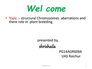 Wel come 
• Topic :- structural Chromosomes aberrations and 
there role in plant breeding 
presented by, 
shrishaila 
PG14AGR6066 
UAS Raichur 
UASR shri cd 1 
 