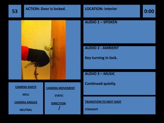 ACTION: Door is locked.      LOCATION: interior
53                                                             0:00
                                     AUDIO 1 – SPOKEN




                                     AUDIO 2 - AMBIENT

                                     Key turning in lock.


                                     AUDIO 3 – MUSIC

                                     Continued quietly.
 CAMERA SHOTS      CAMERA MOVEMENT

      MCU               STATIC

CAMERA ANGLES                        TRANSITION TO NEXT SHOT
                      DIRECTION

     NEUTRAL              /          STRAIGHT
 