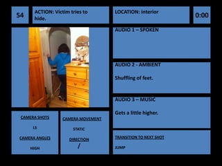 ACTION: Victim tries to       LOCATION: interior
54    hide.                                                   0:00
                                    AUDIO 1 – SPOKEN




                                    AUDIO 2 - AMBIENT

                                    Shuffling of feet.


                                    AUDIO 3 – MUSIC

                                    Gets a little higher.
 CAMERA SHOTS     CAMERA MOVEMENT

      LS              STATIC

CAMERA ANGLES                       TRANSITION TO NEXT SHOT
                     DIRECTION

     HIGH               /           JUMP
 