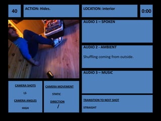 ACTION: Hides.               LOCATION: interior
40                                                                  0:00
                                   AUDIO 1 – SPOKEN




                                   AUDIO 2 - AMBIENT

                                   Shuffling coming from outside.


                                   AUDIO 3 – MUSIC


 CAMERA SHOTS    CAMERA MOVEMENT

     LS                STATIC

CAMERA ANGLES                      TRANSITION TO NEXT SHOT
                   DIRECTION

     HIGH                 /        STRAIGHT
 
