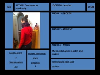 ACTION: Continues as         LOCATION: interior
63    previously.                                                   0:00
                                   AUDIO 1 – SPOKEN




                                   AUDIO 2 - AMBIENT




                                   AUDIO 3 – MUSIC

                                   Music gets higher in pitch and
 CAMERA SHOTS    CAMERA MOVEMENT   louder.
      LS             STATIC

CAMERA ANGLES                      TRANSITION TO NEXT SHOT
                   DIRECTION

     LOW               /           DISSOLVE
 