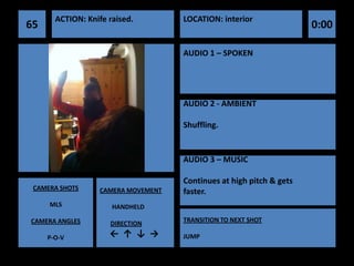 ACTION: Knife raised.        LOCATION: interior
65                                                                   0:00

                                    AUDIO 1 – SPOKEN




                                    AUDIO 2 - AMBIENT

                                    Shuffling.


                                    AUDIO 3 – MUSIC

                                    Continues at high pitch & gets
 CAMERA SHOTS     CAMERA MOVEMENT   faster.
     MLS              HANDHELD

CAMERA ANGLES                       TRANSITION TO NEXT SHOT
                     DIRECTION

     P-O-V           ← ↑ ↓ →        JUMP
 