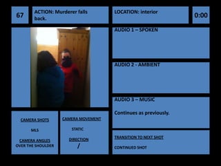 ACTION: Murderer falls        LOCATION: interior
67      back.                                                    0:00
                                      AUDIO 1 – SPOKEN




                                      AUDIO 2 - AMBIENT




                                      AUDIO 3 – MUSIC

                                      Continues as previously.
  CAMERA SHOTS      CAMERA MOVEMENT

      MLS              STATIC
                                      TRANSITION TO NEXT SHOT
 CAMERA ANGLES        DIRECTION
OVER THE SHOULDER        /            CONTINUED SHOT
 