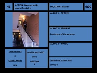 ACTION: Woman walks
41    down the stairs.
                                  LOCATION: interior        0:00
                                  AUDIO 1 – SPOKEN




                                  AUDIO 2 - AMBIENT

                                  Footsteps of the woman.


                                  AUDIO 3 – MUSIC


 CAMERA SHOTS   CAMERA MOVEMENT

      LS            STATIC

CAMERA ANGLES                     TRANSITION TO NEXT SHOT
                  DIRECTION

     LOW              /           STRAIGHT
 