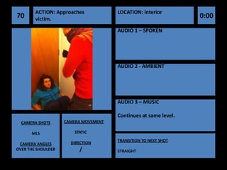 ACTION: Approaches            LOCATION: interior
70      victim.                                                  0:00
                                      AUDIO 1 – SPOKEN




                                      AUDIO 2 - AMBIENT




                                      AUDIO 3 – MUSIC

                                      Continues at same level.
  CAMERA SHOTS      CAMERA MOVEMENT

      MLS               STATIC
                                      TRANSITION TO NEXT SHOT
 CAMERA ANGLES        DIRECTION
OVER THE SHOULDER         /           STRAIGHT
 