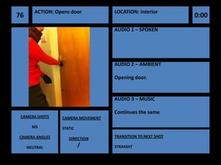ACTION: Opens door          LOCATION: interior
76                                                            0:00
                                    AUDIO 1 – SPOKEN




                                    AUDIO 2 – AMBIENT

                                    Opening door.


                                    AUDIO 3 – MUSIC

                                    Continues the same
 CAMERA SHOTS     CAMERA MOVEMENT

       MS         STATIC

CAMERA ANGLES                       TRANSITION TO NEXT SHOT
                     DIRECTION

     NEUTRAL               /        STRAIGHT
 
