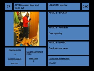 ACTION: opens door and      LOCATION: interior
77      walks out                                             0:00
                                    AUDIO 1 – SPOKEN




                                    AUDIO 2 - AMBIENT

                                    Door opening


                                    AUDIO 3 – MUSIC

                                    Continues the same
 CAMERA SHOTS
                  CAMERA MOVEMENT
       LS         STATIC

CAMERA ANGLES        DIRECTION      TRANSITION TO NEXT SHOT
                        /
     NEUTRAL                        STRAIGHT
 