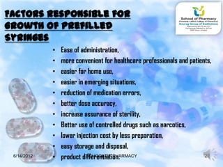 Factors Responsible for
Growth of Prefilled
Syringes
             •   Ease of administration,
             •   more convenient for healthcare professionals and patients,
             •   easier for home use,
             •   easier in emerging situations,
             •   reduction of medication errors,
             •   better dose accuracy,
             •   increase assurance of sterility,
             •   Better use of controlled drugs such as narcotics,
             •   lower injection cost by less preparation,
             •   easy storage and disposal,
 6/14/2012   •   product differentiation.
                           SCHOOL OF PHARMACY                           27
 