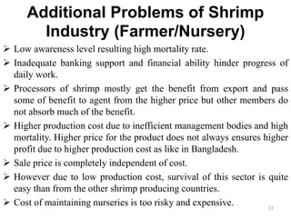 Additional Problems of Shrimp
Industry (Farmer/Nursery)
 Low awareness level resulting high mortality rate.
 Inadequate banking support and financial ability hinder progress of
daily work.
 Processors of shrimp mostly get the benefit from export and pass
some of benefit to agent from the higher price but other members do
not absorb much of the benefit.
 Higher production cost due to inefficient management bodies and high
mortality. Higher price for the product does not always ensures higher
profit due to higher production cost as like in Bangladesh.
 Sale price is completely independent of cost.
 However due to low production cost, survival of this sector is quite
easy than from the other shrimp producing countries.
 Cost of maintaining nurseries is too risky and expensive. 22
 