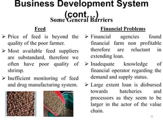 Business Development System
(cont…)
Feed
 Price of feed is beyond the
quality of the poor farmer.
 Most available feed suppliers
are substandard, therefore we
often have poor quality of
shrimp.
 Inefficient monitoring of feed
and drug manufacturing system.
Financial Problems
 Financial agencies found
financial farm non profitable
therefore are reluctant in
extending loan.
 Inadequate knowledge of
financial operator regarding the
demand and supply status.
 Large extent loan is disbursed
towards hatcheries and
processors as they seem to be
larger in the actor of the value
chain.
Some General Barriers
26
 