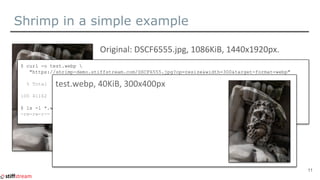 Shrimp in a simple example
11
$ curl -o test.webp 
"https://shrimp-demo.stiffstream.com/DSCF6555.jpg?op=resize&width=300&target-format=webp"
% Total % Received % Xferd Average Speed Time Time Time Current
Dload Upload Total Spent Left Speed
100 41162 100 41162 0 0 41162 0 0:00:01 --:--:-- 0:00:01 151k
$ ls -l *.webp
-rw-rw-r-- 1 eao197 eao197 41162 сен 4 08:28 test.webp
 