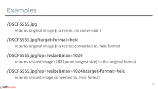 Examples
/DSCF6555.jpg
/DSCF6555.jpg?target-format=heic
/DSCF6555.jpg?op=resize&max=1024
/DSCF6555.jpg?op=resize&max=1024&target-format=heic
13
 