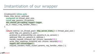 Instantiation of our wrapper
[[nodiscard]] inline auto
make_http_server_settings(
unsigned int thread_pool_size,
const app_params_t & params,
std::shared_ptr<spdlog::logger> logger,
so_5::mbox_t req_handler_mbox )
{
...
return restinio::on_thread_pool< http_server_traits_t >( thread_pool_size )
.port( http_srv_params.m_port )
.protocol( ip_protocol(http_srv_params.m_ip_version) )
.address( http_srv_params.m_address )
.handle_request_timeout( std::chrono::seconds(60) )
.write_http_response_timelimit( std::chrono::seconds(60) )
.logger( std::move(logger) )
.request_handler( make_router( params, req_handler_mbox ) );
}
35
 