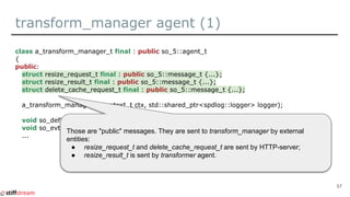 transform_manager agent (1)
class a_transform_manager_t final : public so_5::agent_t
{
public:
struct resize_request_t final : public so_5::message_t {...};
struct resize_result_t final : public so_5::message_t {...};
struct delete_cache_request_t final : public so_5::message_t {...};
a_transform_manager_t(context_t ctx, std::shared_ptr<spdlog::logger> logger);
void so_define_agent() override;
void so_evt_start() override;
...
57
Those are "public" messages. They are sent to transform_manager by external
entities:
● resize_request_t and delete_cache_request_t are sent by HTTP-server;
● resize_result_t is sent by transformer agent.
 