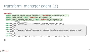 transform_manager agent (2)
private :
struct negative_delete_cache_response_t : public so_5::message_t {...};
struct clear_cache_t final : public so_5::signal_t {};
struct check_pending_requests_t final : public so_5::signal_t {};
...
void on_resize_request(mutable_mhood_t<resize_request_t> cmd);
void on_resize_result(mutable_mhood_t<resize_result_t> cmd);
void on_delete_cache_request(mutable_mhood_t<delete_cache_request_t> cmd);
void on_negative_delete_cache_response(
mutable_mhood_t<negative_delete_cache_response_t> cmd);
void on_clear_cache(mhood_t<clear_cache_t>);
void on_check_pending_requests(mhood_t<check_pending_requests_t>);
...
};
59
Those are "private" message and signals. transform_manager sends them to itself.
 