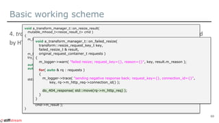 Basic working scheme
69
void a_transform_manager_t::on_resize_result(
mutable_mhood_t<resize_result_t> cmd )
{
m_logger->trace( "resize_result received; request_key={}, worker_mbox={}",
cmd->m_key,
cmd->m_worker->id() );
m_free_workers.push( std::move(cmd->m_worker) );
try_initiate_pending_requests_processing();
auto key = std::move(cmd->m_key);
auto requests = extract_inprogress_requests(
std::move(m_inprogress_requests.find_first_for_key( key ).value()) );
std::visit( variant_visitor{
[&]( successful_resize_t & result ) {
on_successful_resize( std::move(key), result, std::move(requests) );
},
[&]( failed_resize_t & result ) {
on_failed_resize( std::move(key), result, std::move(requests) );
} },
cmd->m_result );
}
void a_transform_manager_t::on_failed_resize(
transform::resize_request_key_t key,
failed_resize_t & result,
original_request_container_t requests )
{
m_logger->warn( "failed resize; request_key={}, reason={}", key, result.m_reason );
for( auto & rq : requests )
{
m_logger->trace( "sending negative response back; request_key={}, connection_id={}",
key, rq->m_http_req->connection_id() );
do_404_response( std::move(rq->m_http_req) );
}
}
 