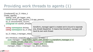 Providing work threads to agents (2)
// Every worker will work on its own private dispatcher.
for( unsigned int worker{}; ...
