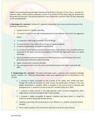 intake is more during evening and night. Retention time of food in the gut is 2.2 to 5 hours. Growth of L.
vannamei, under confined culture conditions is similar to P monodon till they attain 20g size. Beyond that
the growth rate was poor. The shrimps attained the size of 20g within a period of 100-120 days depending
on the stocking density.
3 Advantages of L. vannamei : Culture of L. vannamei, is being taken up in many countries because of the
following ccharacteristics: –
1. It grows as fast as P. monodon upto 20 g.
2. It is easier to culture in very high stocking densities of upto 150/sqm due to their less aggressive
nature.
3. It is tolerant to wide range of salinities of 0.5 to 45 ppt .
4. It is very tolerant to low temperatures of upto 15 degree centigrade
5. It requires comparatively low protein feed (20-35%).
6. It is an easy to breed species and hence domestication of the species is very successful with the
production of SPF stock. Commercial availability of SPF/SPR and High-health stock is an added
advantage.
7. Selective breeding work for the production of SPR brood stock is easier because of the short
generation period and easier captive breeding.
8. Higher survival rates in hatchery (50-60%).
9. Has a very good market in the US, as the most preferred species with higher meat yield (66-
68%).
4 Disadvantages of L. vannamei : The above advantages make L. vannamei a very important cultivable
species, however, the following disadvantages create some apprehension for its introduction in the
country:
1. L. vannamei is highly susceptible to and a carrier of TSV, WSSV, YHV, IHHNV and LOVV.
Though SPF stocks are available for these viruses, the performance of these in the virus
ladden environment is doubtful. WSSV is prevalent in the country and its infectivity and
pathogencity for L. vannamei is similar to that of P. monodon (Tapay et al. 1997)
2. L. vannamei is being cultured in very high densities under intensive management, which
might lead to environment problems like nutrient loading.
3. L. vannamei is highly susceptible to hypoxic conditions and hence there is a need for
continuos aeration during high density farming.
4. Handling, processing and transporting are more difficult in L. vannamei compared Penaeus
monodon.
5. There is high competition in the International market due to the world -wide production.
 