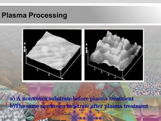 Plasma Processing




  a) A nonwoven substrate before plasma treatment
  b)The same nonwoven substrate after plasma treatment
 