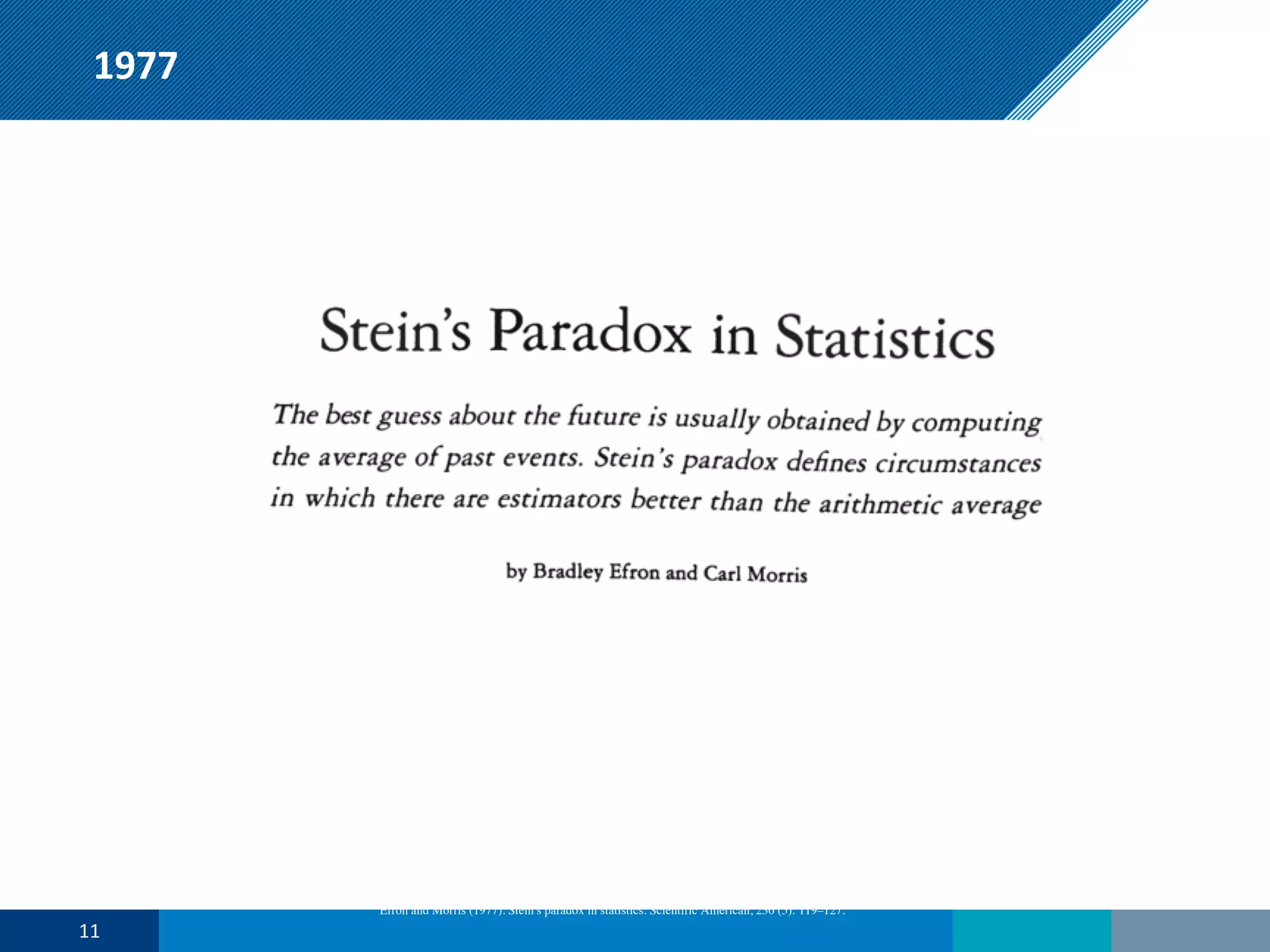 1977
Efron and Morris (1977). Stein′s paradox in statistics. Scientific American, 236 (5): 119–127.
11
 