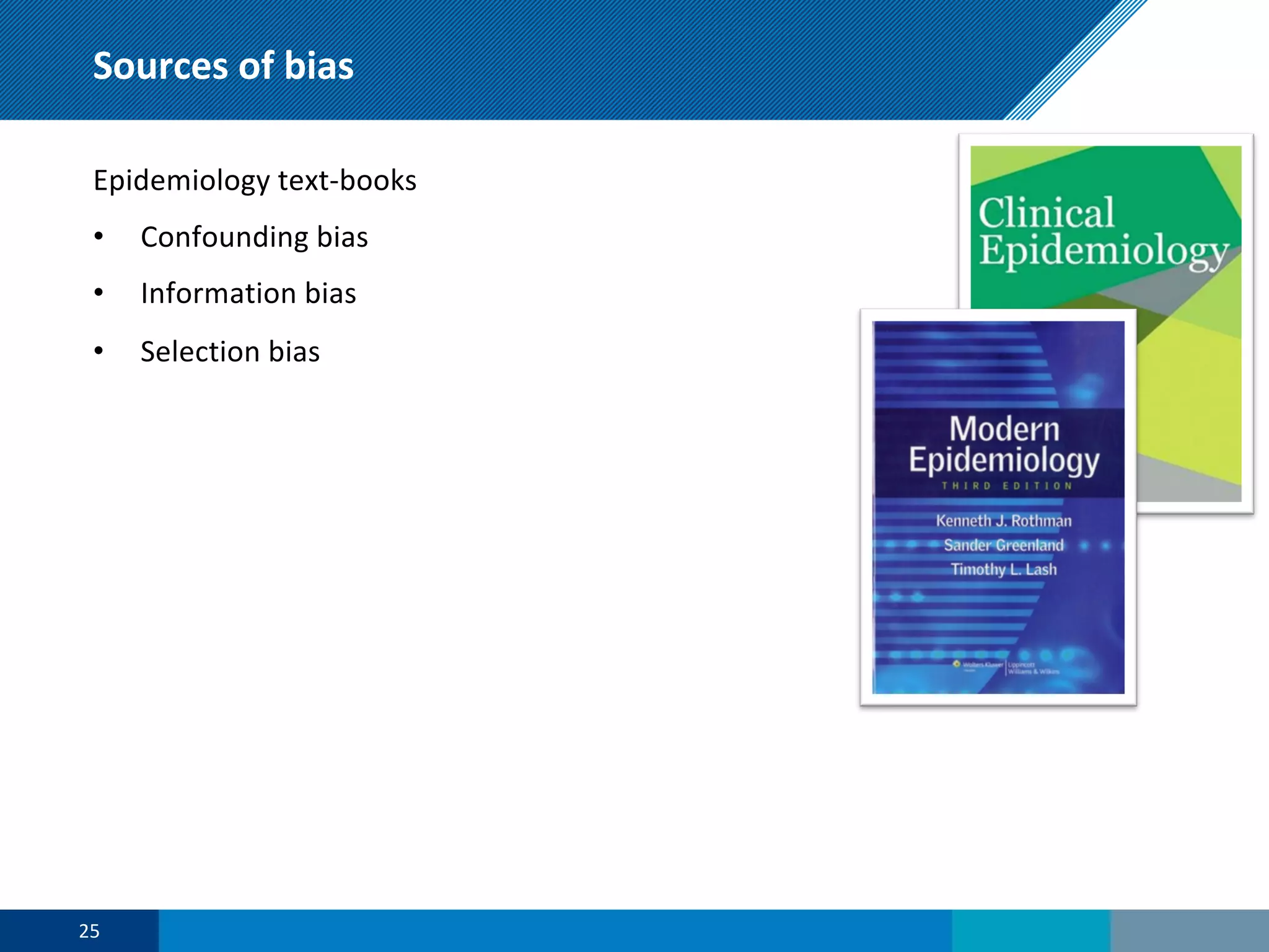 Sources of bias
25
Epidemiology text-books
• Confounding bias
• Information bias
• Selection bias
 