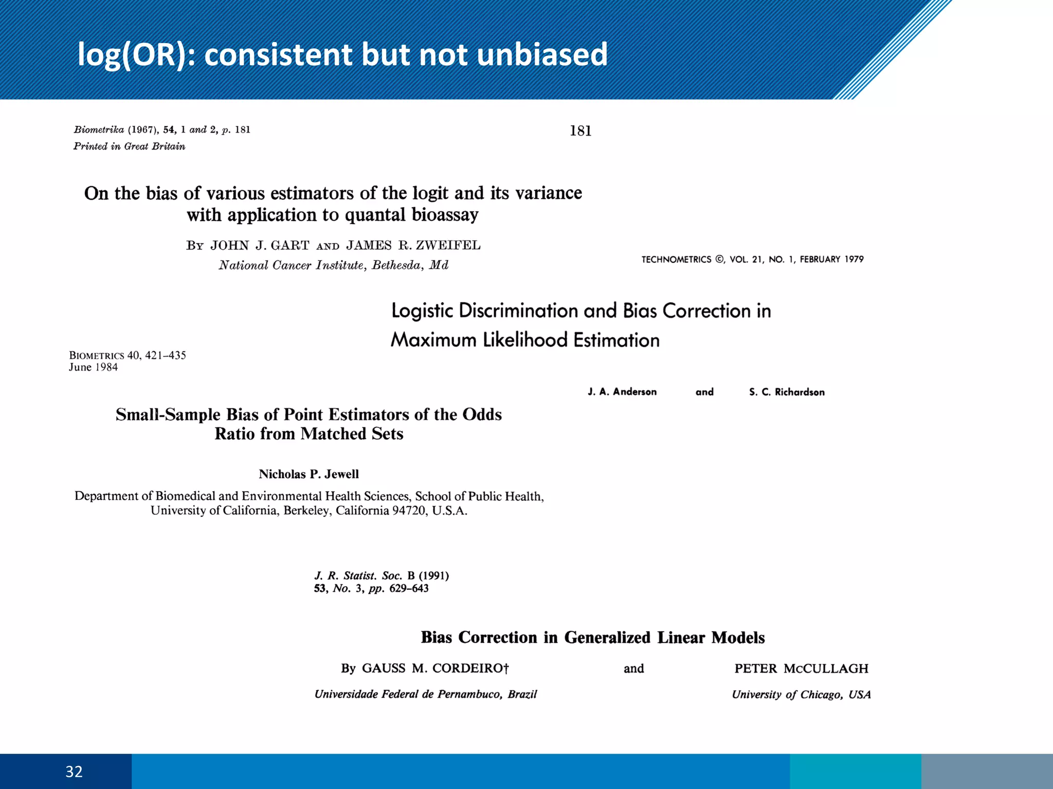 log(OR): consistent but not unbiased
32
 