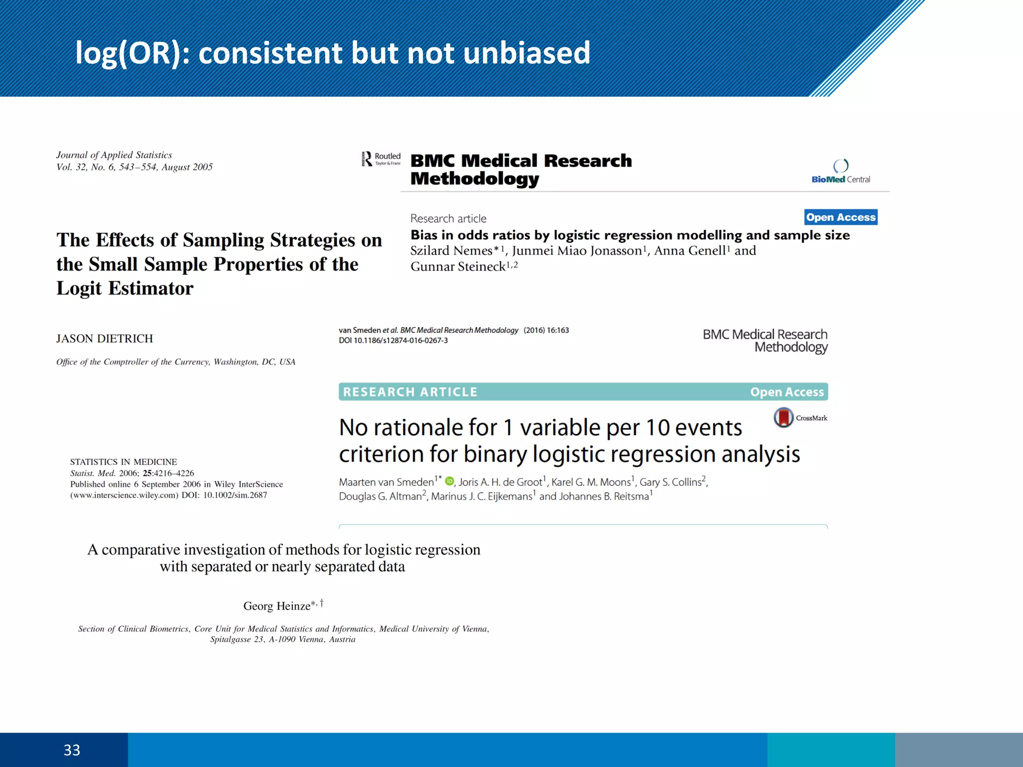 log(OR): consistent but not unbiased
33
 