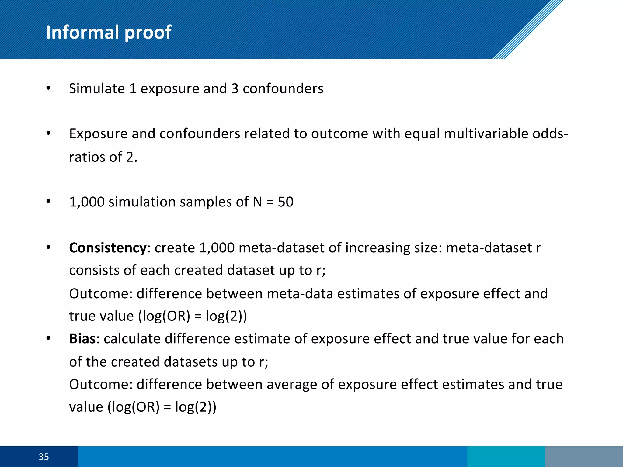 Informal proof
• Simulate 1 exposure and 3 confounders
• Exposure and confounders related to outcome with equal multivariable odds-
ratios of 2.
• 1,000 simulation samples of N = 50
• Consistency: create 1,000 meta-dataset of increasing size: meta-dataset r
consists of each created dataset up to r;
Outcome: difference between meta-data estimates of exposure effect and
true value (log(OR) = log(2))
• Bias: calculate difference estimate of exposure effect and true value for each
of the created datasets up to r;
Outcome: difference between average of exposure effect estimates and true
value (log(OR) = log(2))
35
 