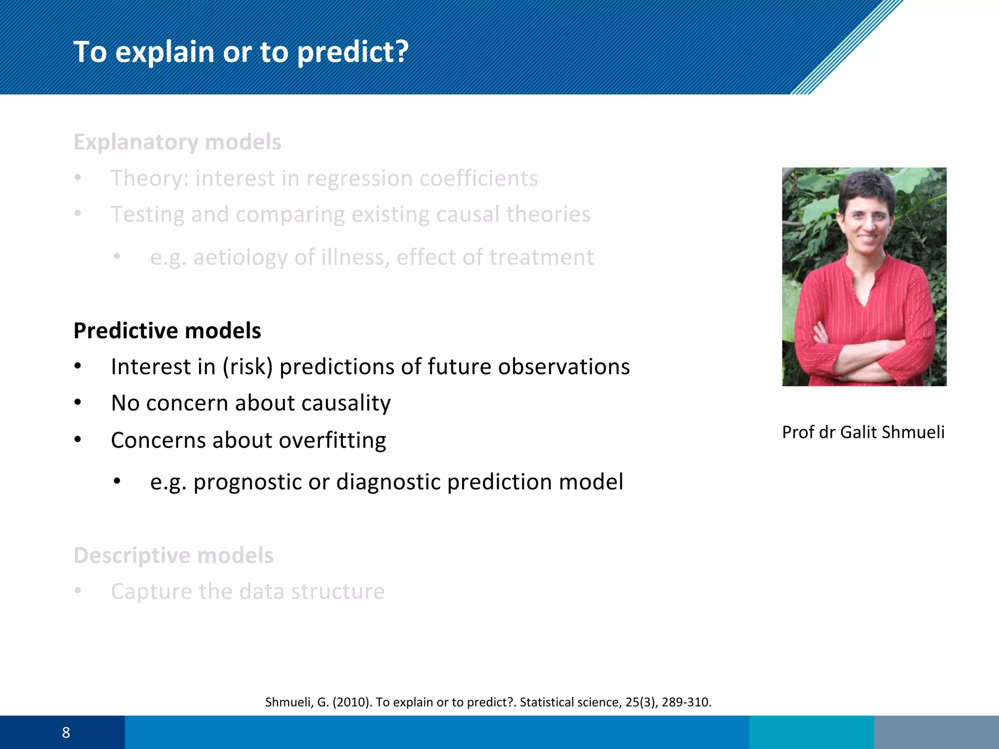 To explain or to predict?
Explanatory models
• Theory: interest in regression coefficients
• Testing and comparing existing causal theories
• e.g. aetiology of illness, effect of treatment
Predictive models
• Interest in (risk) predictions of future observations
• No concern about causality
• Concerns about overfitting
• e.g. prognostic or diagnostic prediction model
Descriptive models
• Capture the data structure
8
Shmueli, G. (2010). To explain or to predict?. Statistical science, 25(3), 289-310.
Prof dr Galit Shmueli
 