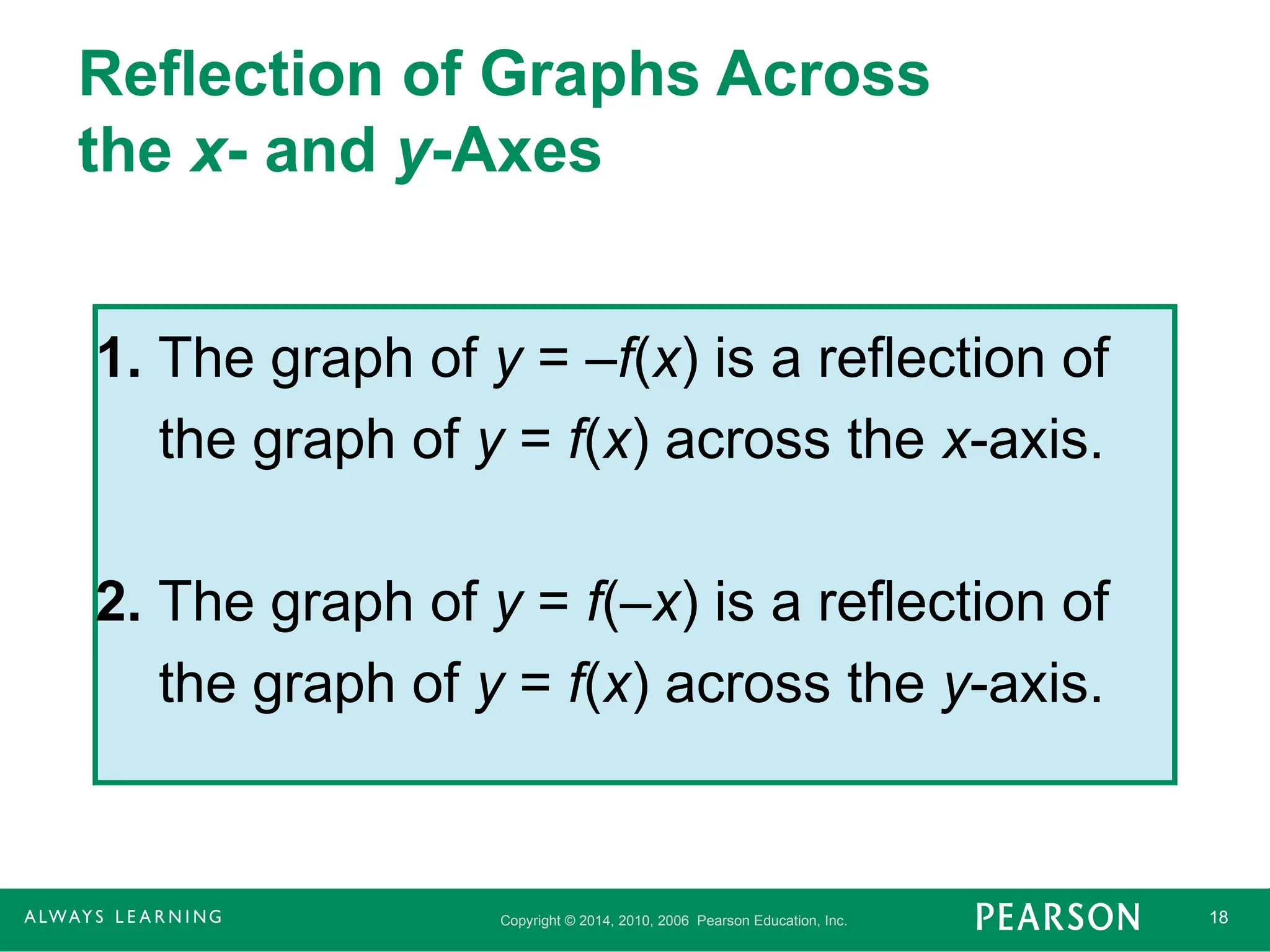 Copyright © 2014, 2010, 2006 Pearson Education, Inc. 18
Reflection of Graphs Across
the x- and y-Axes
1. The graph of y = –f(x) is a reflection of
the graph of y = f(x) across the x-axis.
2. The graph of y = f(–x) is a reflection of
the graph of y = f(x) across the y-axis.
 