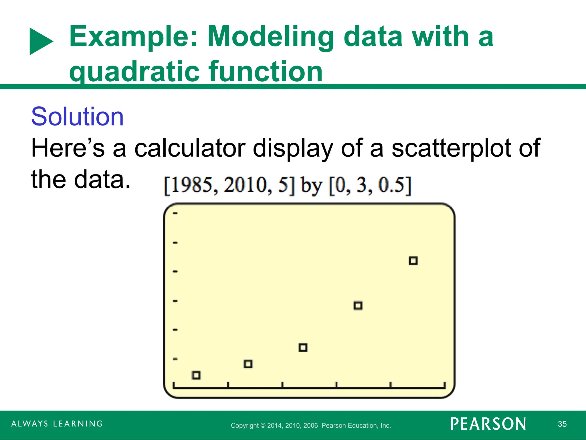 Copyright © 2014, 2010, 2006 Pearson Education, Inc. 35
Example: Modeling data with a
quadratic function
Solution
Here’s a calculator display of a scatterplot of
the data.
 