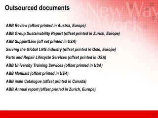 Outsourced documents  ABB Review (offset printed in Austria, Europe) ABB Group Sustainability Report (offset printed in Zurich, Europe) ABB SupportLine (off set printed in USA) Serving the Global LNG Industry (offset printed in Oslo, Europe) Parts and Repair Lifecycle Services (offset printed in USA) ABB University Training Services (offset printed in USA) ABB Manuals (offset printed in USA) ABB main Catalogue (offset printed in Canada) ABB Annual report (offset printed in Zurich, Europe) 