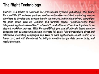 The Right Technology XMPie® is a leader in solutions for cross-media dynamic publishing. The XMPie PersonalEffect™ software platform enables enterprises and their marketing service providers to develop and execute highly customized, information-driven, campaigns for print, email, Web on Demand, and wireless media. PersonalEffect’s three integrated applications—uPlan™, uCreate™, and uProduce™— flow together in an elegant workflow process. With PersonalEffect you can effortlessly blend creative concepts with database information to create full-color, fully personalized direct and interactive marketing campaigns and Web to print applications—much faster, at a lower cost, and with the utmost flexibility in creative design, data connectivity, and media selection. 