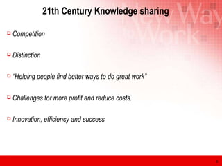 21th Century Knowledge sharing Competition Distinction “ Helping people find better ways to do great work” Challenges for more profit and reduce costs. Innovation, efficiency and success 