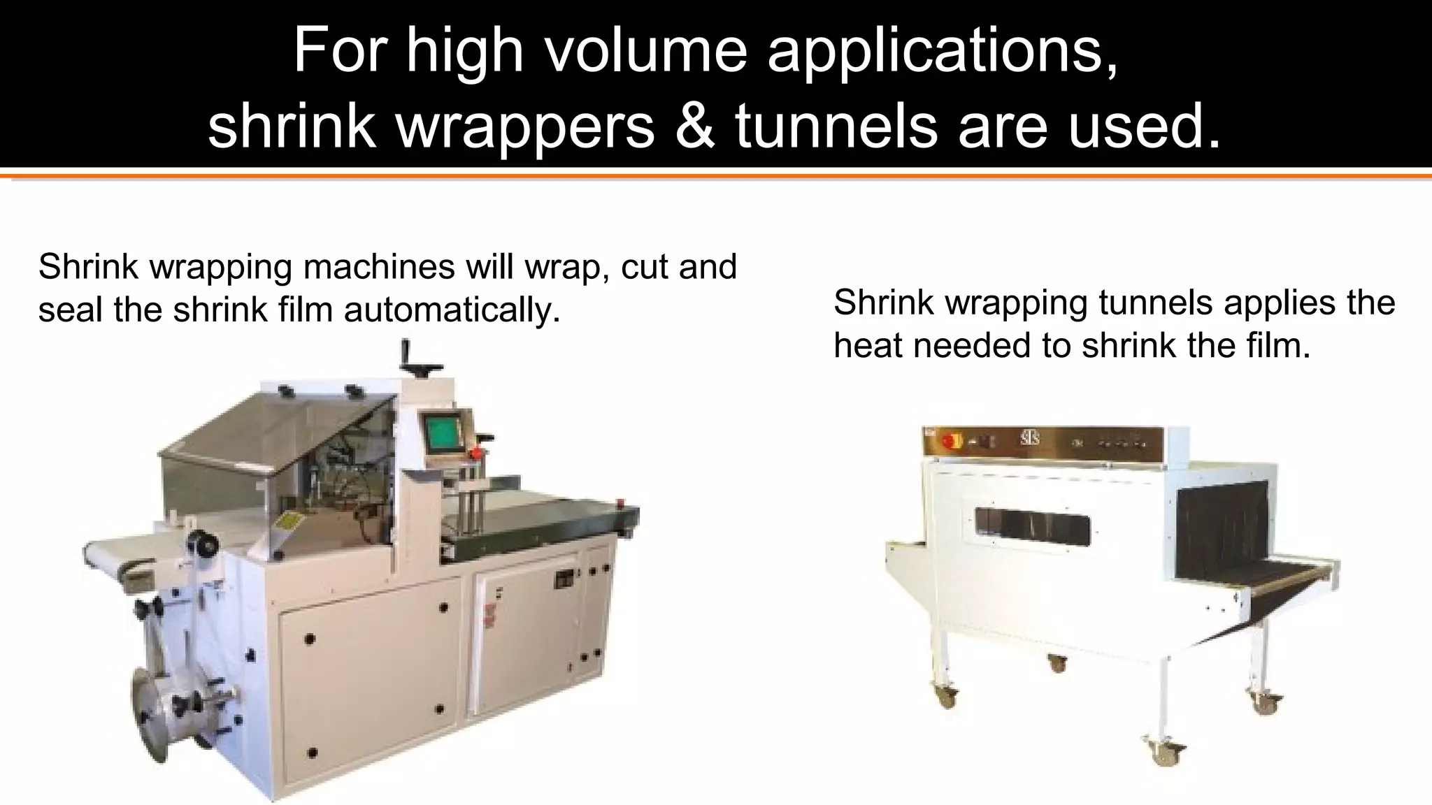 Shrink wrapping tunnels applies the
heat needed to shrink the film.
Shrink wrapping machines will wrap, cut and
seal the shrink film automatically.
For high volume applications,
shrink wrappers & tunnels are used.
 