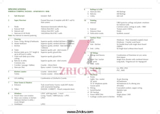 SPECIFICATIONS
SHRIRAM CHIRPING WOODS - APARTMENTS 1 BHK
1 Sub Structure Isolated / Raft
2 Super Structure Framed Structure (Complete with RCC wall &
Slab system)
3 Walls Aluminium formwork (MIVAN /Eq.)
a External Wall 160mm thick RCC walls
b Internal wall 160mm thick RCC walls
c Staircase & Lift Walls 160/200mm thick RCC walls
Note: No internal & external pastering
4 Flooring
a Foyer, living, dining & bedrooms Superior quality vitrified (605mm x 1200mm)
b Master bedroom Superior quality vitrified (605mm x 1200mm)
c Kitchen Superior quality vitrified - Matt (605mm x
1200mm)
d Toilet Superior quality anti - skid ceramic
e Kitchen dado up to 2’0” height &
up to sill level in utility
Superior quality glazed tiles
f Toilet wall dado up to false
ceiling
Superior quality glazed tiles
g Balcony & utility Superior quality anti - skid ceramic
Common area
i Corridor / passage / lobbies Granite - 20mm thick
j Staircase (fire) Epoxy coated / Ceramic tiles
5 Kitchen counter Granite - 30mm thick
Toilets Granite counter - 20mm thick
6 Lift cladding Combination of Vitrified & Granite
7 Door frames & Shutters
a Entrance Teak wood frame, Factory made BST shutter
with ornamental beading
b Other ENDOR / CORBETT - Wood composite doors
8 Windows UPVC with bug mesh - 3 track
a French door cum window Living / Family / MBR balcony - UPVC
b Door cum window in kitchen
(between kitchen & utility /
as per design)
UPVC
c Ventilators UPVC
9 Railings & Grills
a Staircase (fire) MS Railings
b Balcony MS Railings
c Utility MS Grill
10 Painting
a Internal OBD paint for ceilings and plastic emulsion
for internal walls
Common areas: ceilings & walls - OBD
b External Texture paint (100%)
c Entrance Door Polish
d Fabrication works Synthetic enamel
11 Sanitary Ware
a EWC Hindware - Floor mounted coupled closet
b WHB Hindware - Counter wash basin
c Sink - Kitchen SS Double bowl with single drain board
(DBSD)
d Sink - Utility SS Single bowl without drain board
12 CP fittings
a Fittings and fixtures Combination of Florentine & Lyric series
from Jaquar
b Light / fan / socket Single lever diverter with overhead shower
c AC point Long body / Angularcock for Aquaguard
d MBR - toilet
13 Water pipeline GL, PPR, CPVC
Sanitary PVC, SWR
14 Electrical
a Points
Lights / fan / socket As per drawing
AC point All bedrooms
TV & Telephone points All bedrooms & liv./dining area
Geyser point All toilets
b Wiring Concealed conduit, copper wiring
c Switch/Socket Modular type
d DG backup 500 W
e Power (BESCOM) Single phase 3 KW
f Garbage crusher point in kitchen All flats
www.Zricks.com
 