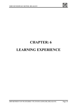 SHRI MUNISHWAR MOTOR, BELAGAVI
DEPARTMENT OF PG STUDIES VTU JNANA SANGAM, BELAGAVI. Page 34
CHAPTER: 6
LEARNING EXPERIENCE
 