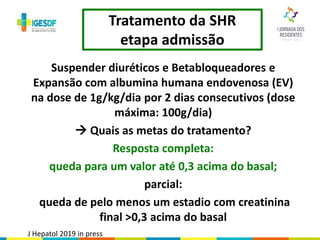 Tratamento da SHR
etapa admissão
Suspender diuréticos e Betabloqueadores e
Expansão com albumina humana endovenosa (EV)
na dose de 1g/kg/dia por 2 dias consecutivos (dose
máxima: 100g/dia)
 Quais as metas do tratamento?
Resposta completa:
queda para um valor até 0,3 acima do basal;
parcial:
queda de pelo menos um estadio com creatinina
final >0,3 acima do basal
J Hepatol 2019 in press
 