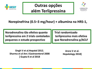 Outras opções
além Terlipressina
Norepinefrina (0.5–3 mg/hour) + albumina na HRS-1,
Noradrenalina tão efetiva quanto
terlipressina em 2 trials contolados
pequenos e estudo prospectivo
Trial randomizado
terlipressina mais efetiva
que Noradrenalina p/ACLF
Arora V et al.
Hepatology 2018]
Singh V et al.Hepatol 2012.
Sharma et al Am J Gastroenterol 2008
] Gupta K et al 2018
 
