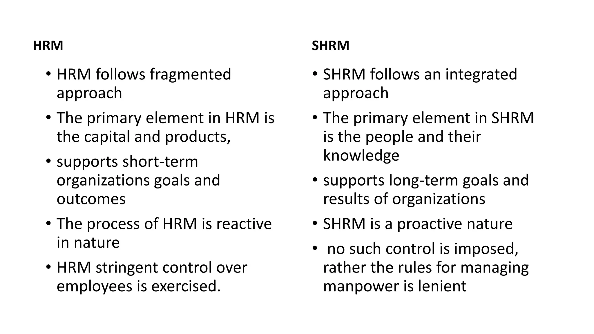 HRM
• HRM follows fragmented
approach
• The primary element in HRM is
the capital and products,
• supports short-term
organizations goals and
outcomes
• The process of HRM is reactive
in nature
• HRM stringent control over
employees is exercised.
SHRM
• SHRM follows an integrated
approach
• The primary element in SHRM
is the people and their
knowledge
• supports long-term goals and
results of organizations
• SHRM is a proactive nature
• no such control is imposed,
rather the rules for managing
manpower is lenient
 