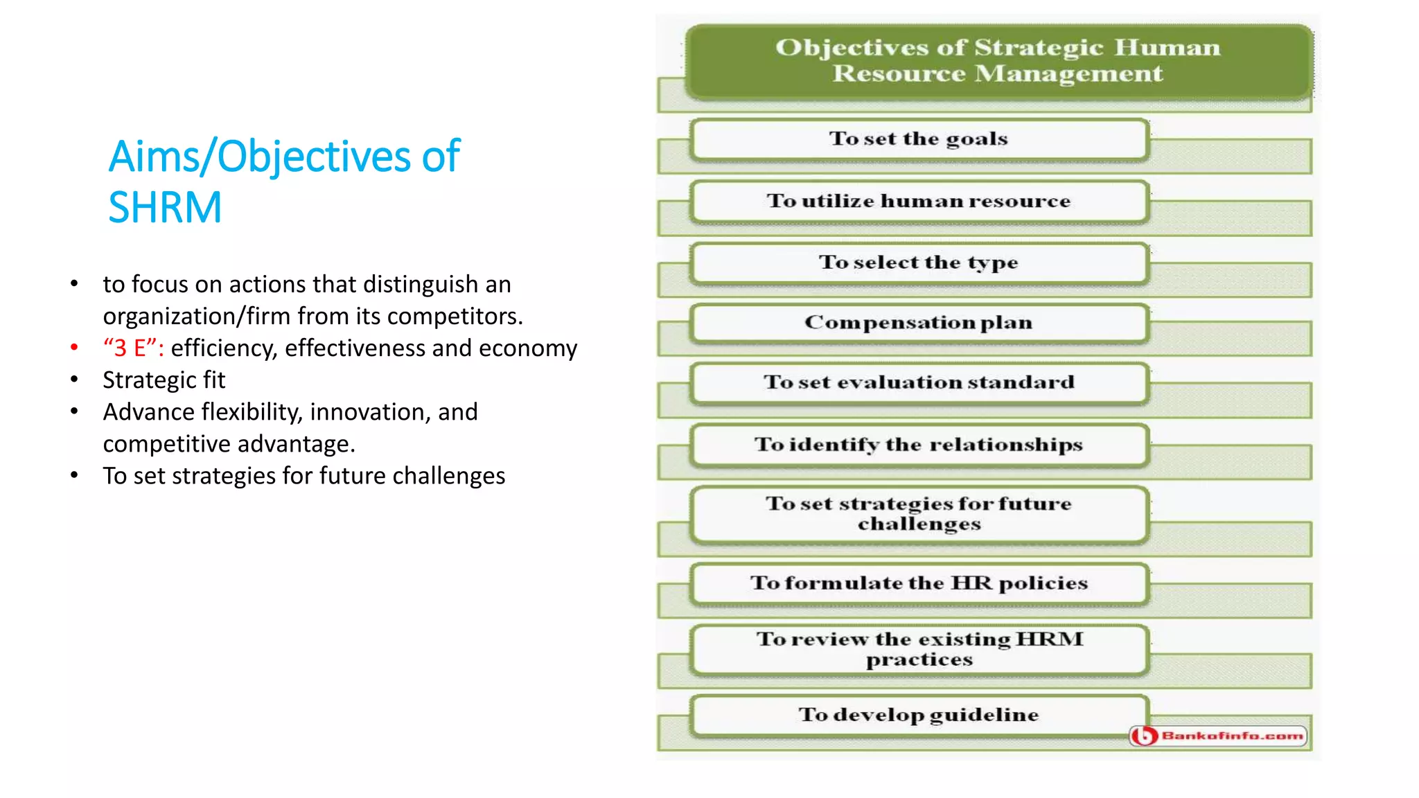 Aims/Objectives of
SHRM
• to focus on actions that distinguish an
organization/firm from its competitors.
• “3 E”: efficiency, effectiveness and economy
• Strategic fit
• Advance flexibility, innovation, and
competitive advantage.
• To set strategies for future challenges
 